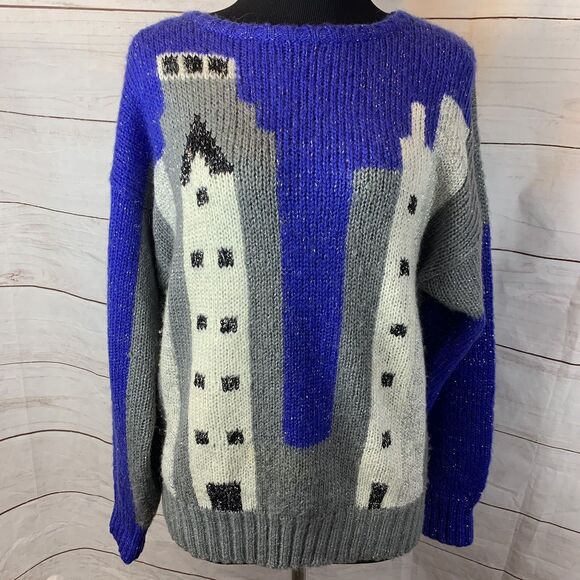 Vintage Wool Angora Sweater Pullover S Art Modern Skyscrapers Houses Skyline NYC - Picture 12 of 12